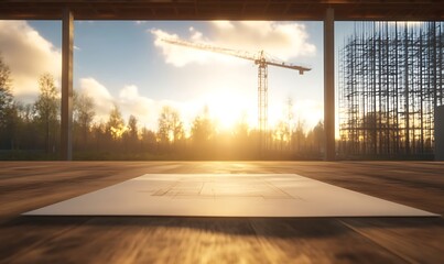 Poster - A construction site at sunset features a crane and steel framework, with plans laid out on the ground, symbolizing progress and development.