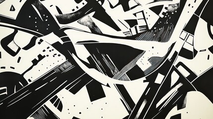 Poster - Abstract Black and White Transportation Linocut Art