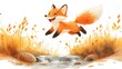 © vanilnilnilla - Playful Cartoon Fox Jumping Over Autumn Stream
