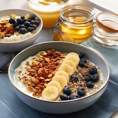 Wall Mural - Beautifully Arranged Breakfast with Yogurt, Fresh Berries, Chia Seeds, Granola, and Oatmeal with Banana and Honey

