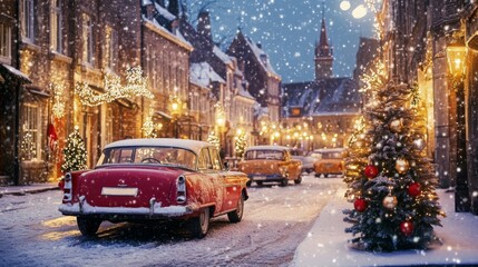 Naklejka na meble Vintage Cars on a Snowy Street for the Holiday Season