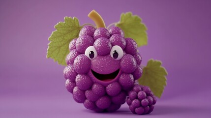 Wall Mural - A 3D cartoon grape with a smiling face, holding a smaller grape, on a purple background.