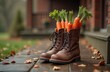 © Olga - Kid's boots filled with carrots for St Nicholas horse on the porch home. Blurred winter background. Saint Nicholas day banner. Sinterklaas Dutch holiday greeting card. close up.
