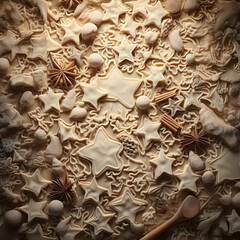 Wall Mural - Abstract background with Christmas raw dough star cookies, spices and white baubles on wooden board. Square composition.