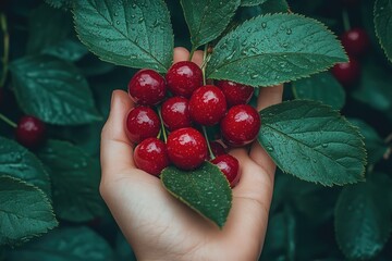 Sticker - Hand holding freshly picked red cherries with leaves