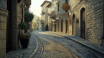 A serene, narrow cobblestone street lined with charming buildings, perfect for exploring quiet towns. Sunlight bathes the rustic architecture in warm hues.