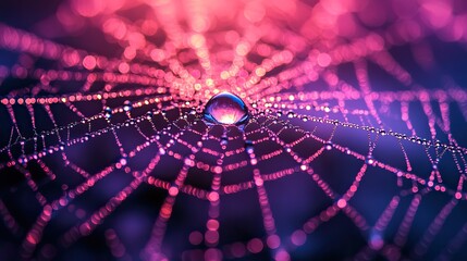 A spider web shining with tiny water droplets on a dark purple and pink background, designed for Halloween party-themed posters, banners, or greeting cards.