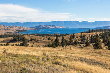 Wall Mural - Beautiful view of the Flathead Lake in Montana in distance in autumn season