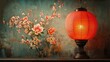 © minhnhat - A traditional red lantern hanging against a floral backdrop, representing cultural festivals and holiday celebrations, perfect for event invitations.
