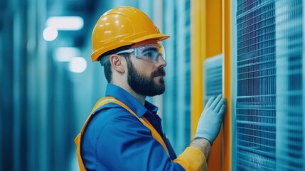 A construction worker in a yellow hardhat and uniform examining building plans and blueprints at an active construction site focused on the project s progress and development