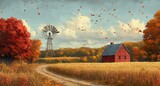 A vintage-style rural landscape with a windmill and wheat field, perfect for autumn harvest-themed posters, banners, or greeting cards with an old-fashioned farm scene.