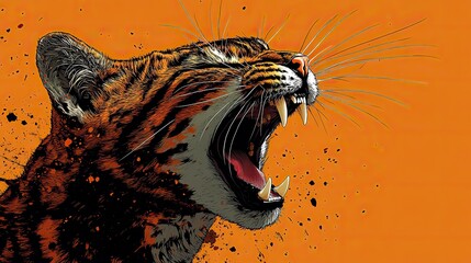 A wild cat hissing with bared teeth against a bright background, perfect for Halloween designs or pet-themed event posters.