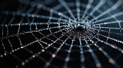 A wild spider web covered in water droplets sparkling on a black background, ideal for Halloween party greeting cards, posters, or banners with copy space.