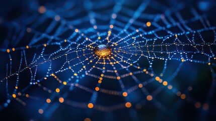 A wild spider web with water droplets sparkling on a dark blue background, designed as a closeup backdrop for Halloween party posters, greeting cards, or banners.