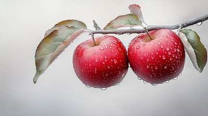 Wall Mural - Two ripe red apples with water droplets hanging from a branch with green leaves on a blurred background.