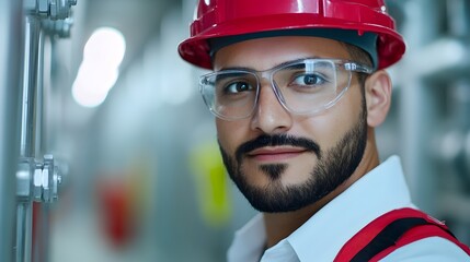 A skilled construction worker wearing a red hardhat and safety glasses is shown connecting plumbing pipes in the basement of a new building under construction