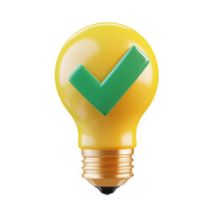 Poster - 3D Yellow Light Bulb with Green Check Mark - Innovation & Verification Icon