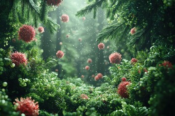 Wall Mural - Red spheres floating in a green forest. AI.