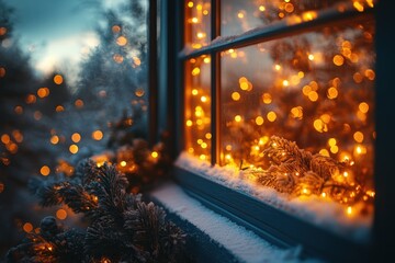 A snowy window with Christmas lights glowing inside.