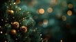 © minhnhat - A luxurious Christmas backdrop in dark green, enhanced by the golden sparkle of blurred lights, making it a versatile design for various festive occasions, including New Year's or birthdays.