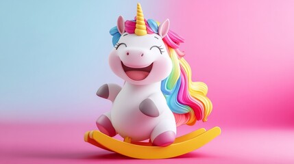 Wall Mural - Happy cartoon unicorn on a rocking horse.