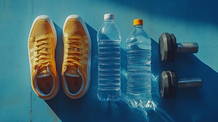 Yellow sneakers, two water bottles, and a pair of dumbbells on a blue background.