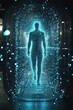 © Sunshine - Futuristic Digital Human Silhouette Walking Through a Neon-Lit Virtual Reality Tunnel with Glowing Particles