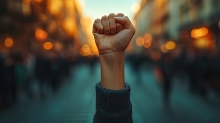 A powerful demonstration of a raised fist during a protest, symbolizing revolution, equality, and social justice in the fight against discrimination.