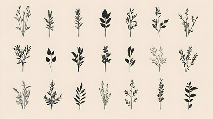 A set of 21 minimalist black and white hand drawn floral elements, leaves, and branches isolated on a beige background.