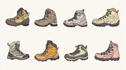 hand-drawn hiking shoe varieties, camping essentials miniatures, muted color scheme, detailed stitching representation, isolated on blank canvas, explorers' gear pictogram set