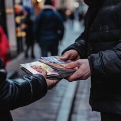 hand-to-hand delivery of advertising leaflets on the street.