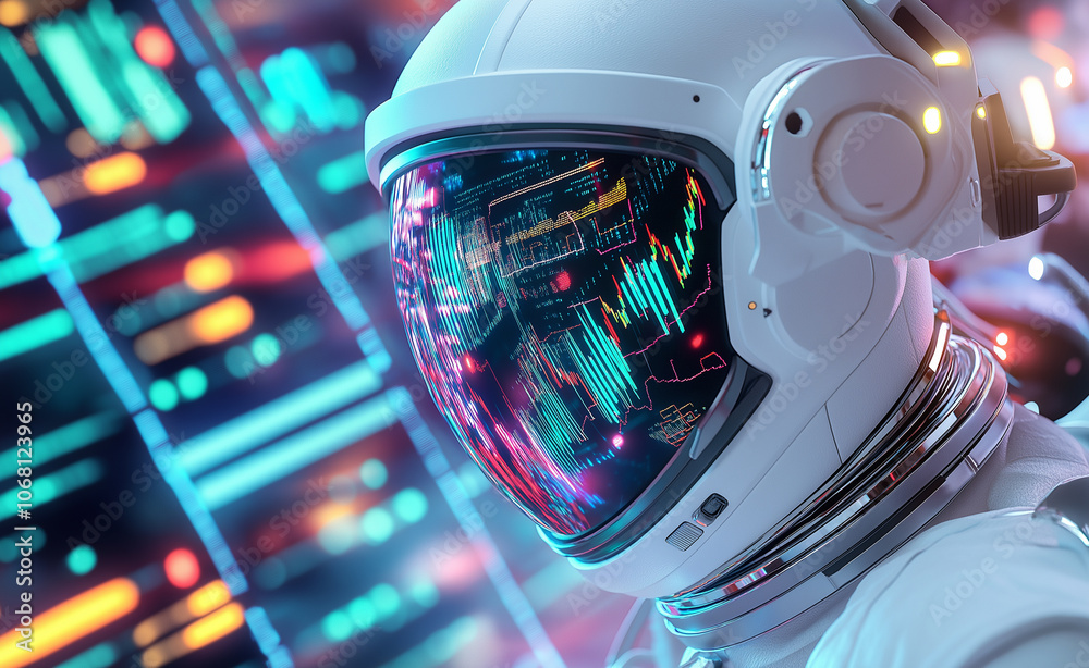 Astronaut wearing a helmet with data reflections in a futuristic, high ...