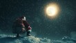 © Five Million Stocks - Santa Carrying a Sack of Presents Across a Starry Sky, With a Bright Moon and Ample Dark Space Around for Christmas Wishes, Family Holiday Cards, or Marketing Copy