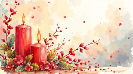 Poster - Watercolor Christmas candles with decorations on light background. Generative AI