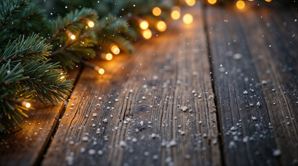 Poster - Christmas background with fir branches and lights on wooden table. Generative AI