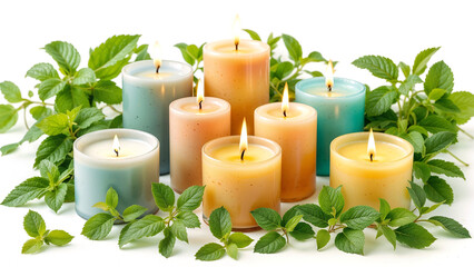 Poster - Set of Christmas candles among mint leaves on white background. Generative AI