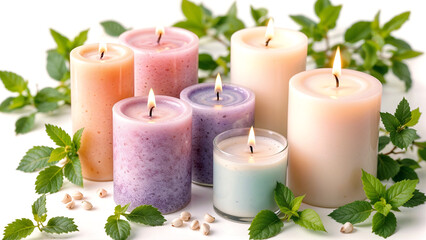 Poster - Set of Christmas candles among mint leaves on white background. Generative AI