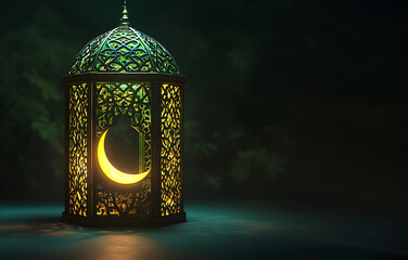 3d render of an intricately designed ramadan lantern, illuminated with warm golden light, casting in