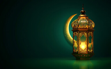 3D render of an intricately designed Ramadan lantern, illuminated with warm golden light, casting intricate shadows on the dark background. The lantern is adorned in rich green and gold colors, featur