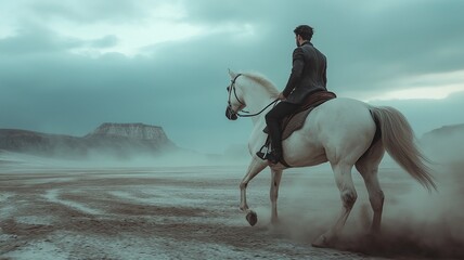 A young man in a casual attire is riding a white horse on sand.