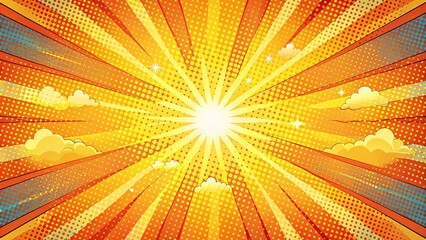 Wall Mural - a vibrant sunburst with clouds and a dotted background pattern in an explosion of bright colors