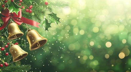 Wall Mural - Golden Christmas Bells with Red Bow on Green Background for Christmas Greeting Card or Banner Design. Illustration of golden bells tied to a red ribbon and green holly hanging from evergreen tree 