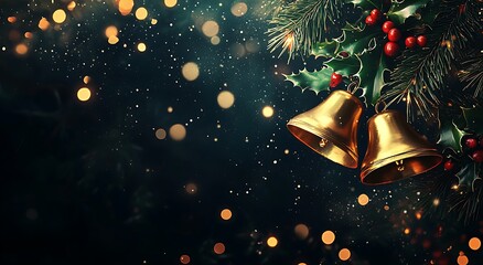 Wall Mural - Golden Christmas Bells with Red Bow on Green Background for Christmas Greeting Card or Banner Design. Illustration of golden bells tied to a red ribbon and green holly hanging from evergreen tree 