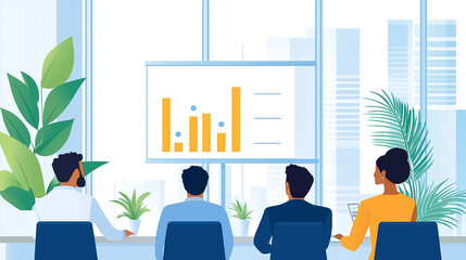 Poster - Business professionals attentively watch a presentation featuring charts and data analysis in an office