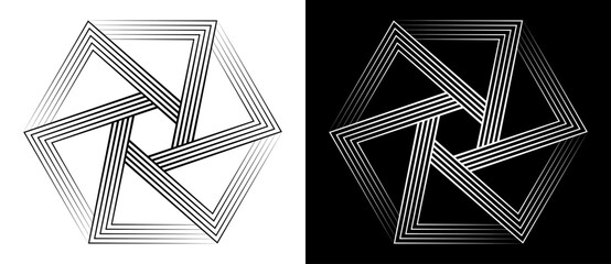 Aufkleber - Hexagon shape with linear dynamic elements. Abstract geometric art line background, logo or tattoo. Black shape on a white background and the same white shape on the black side.