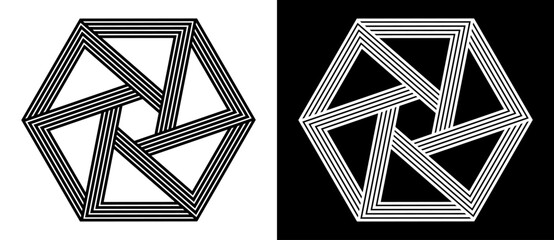 Aufkleber - Hexagon shape with linear dynamic elements. Abstract geometric art line background, logo or tattoo. Black shape on a white background and the same white shape on the black side.