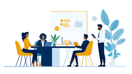 Poster - Four professionals discuss at a table, using devices and reviewing data in a bright office