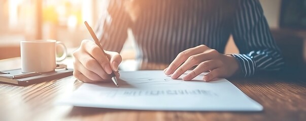 Poster - A person writing on paper with a cup nearby, suggesting a workspace or creative setting.
