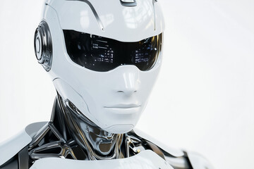 Poster - A humanoid robot with a shiny exterior stands still in a modern, high-tech setting