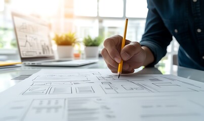 Poster - A person sketching designs on paper with a pencil, laptop and plants in the background.